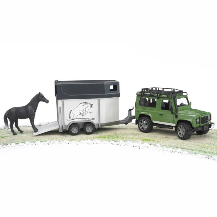 Bruder Land Rover Defender Station Wagon with horse and trailer (combined set 61cm long) - Timeless Toys