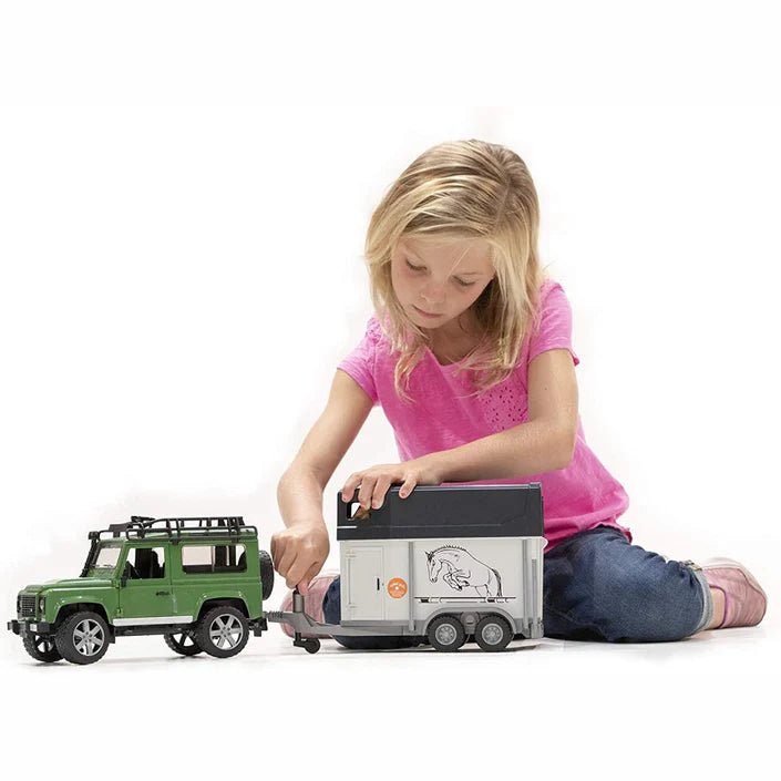 Bruder Land Rover Defender Station Wagon with horse and trailer (combined set 61cm long) - Timeless Toys