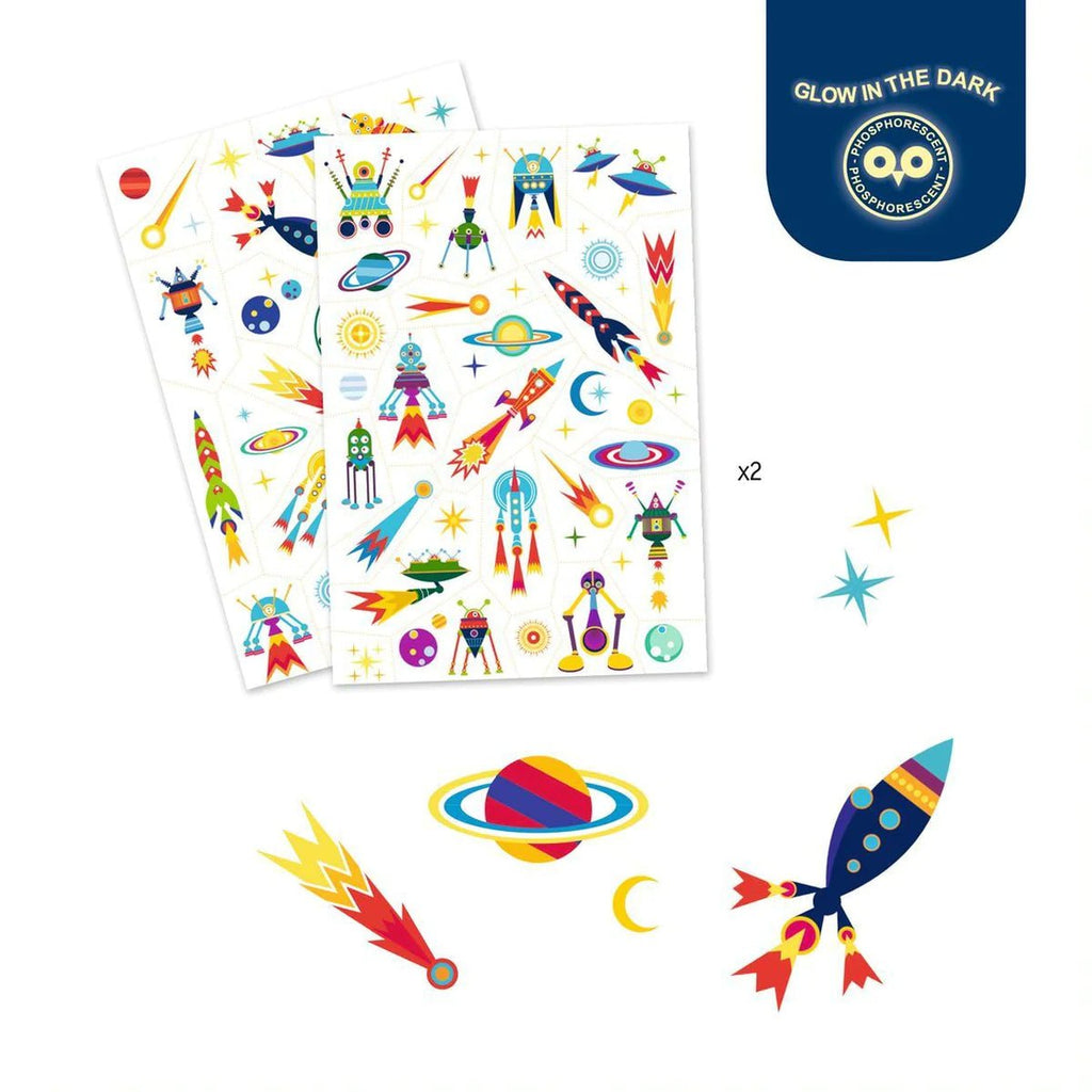 Space Oddity glow in the dark temporary tattoos by Djeco - Timeless Toys