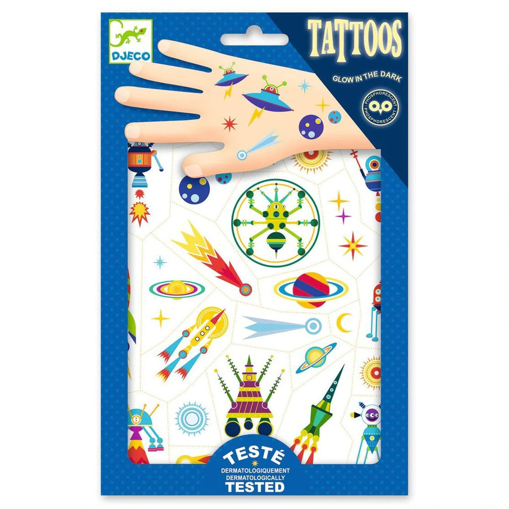 Space Oddity glow in the dark temporary tattoos by Djeco - Timeless Toys