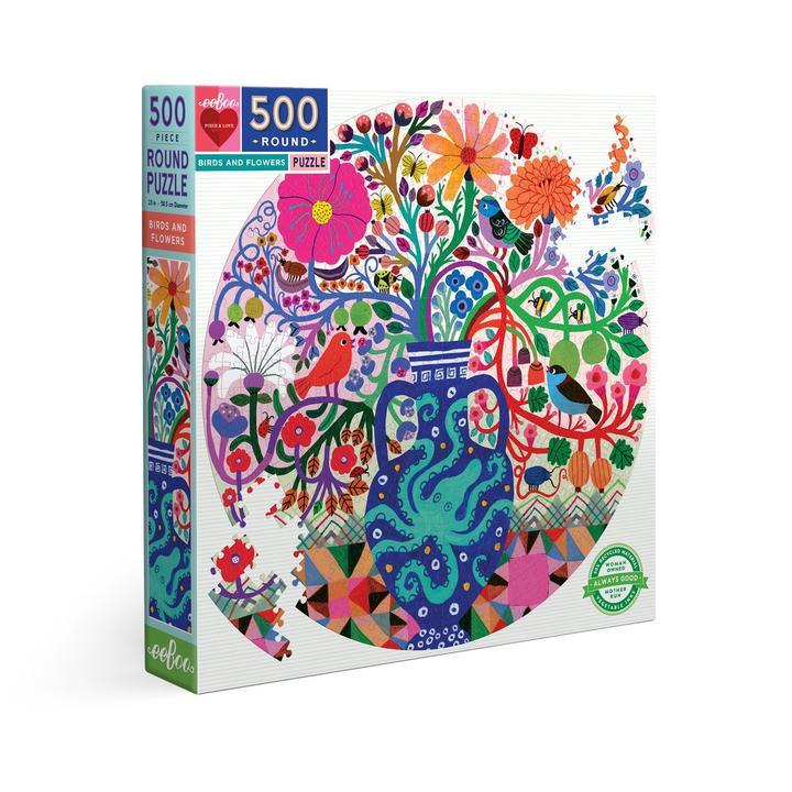 Birds and Flowers 500 piece round puzzle by eeBoo - Timeless Toys