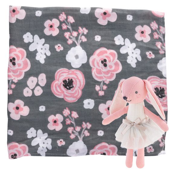 Charcoal Flower Muslin Blanket and Bunny Stuffed Animal Set by Stephen Joseph - Timeless Toys