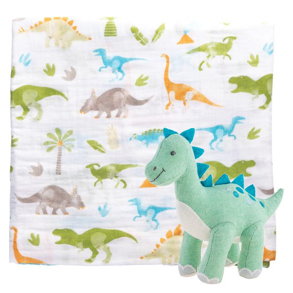 Dino Muslin Blanket and Stuffed Animal Set by Stephen Joseph - Timeless Toys