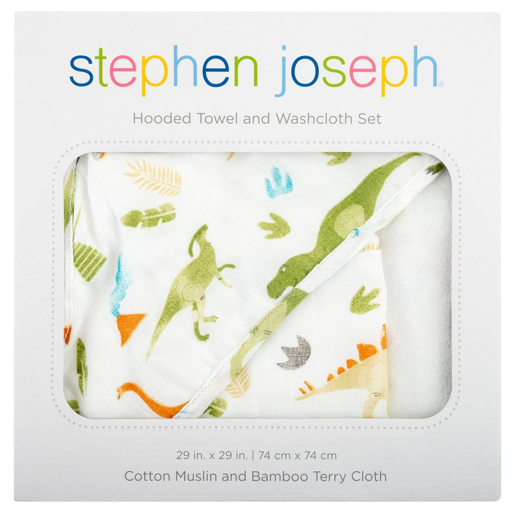 Dino Muslin Hooded Towel with Washcloth by Stephen Joseph - Timeless Toys
