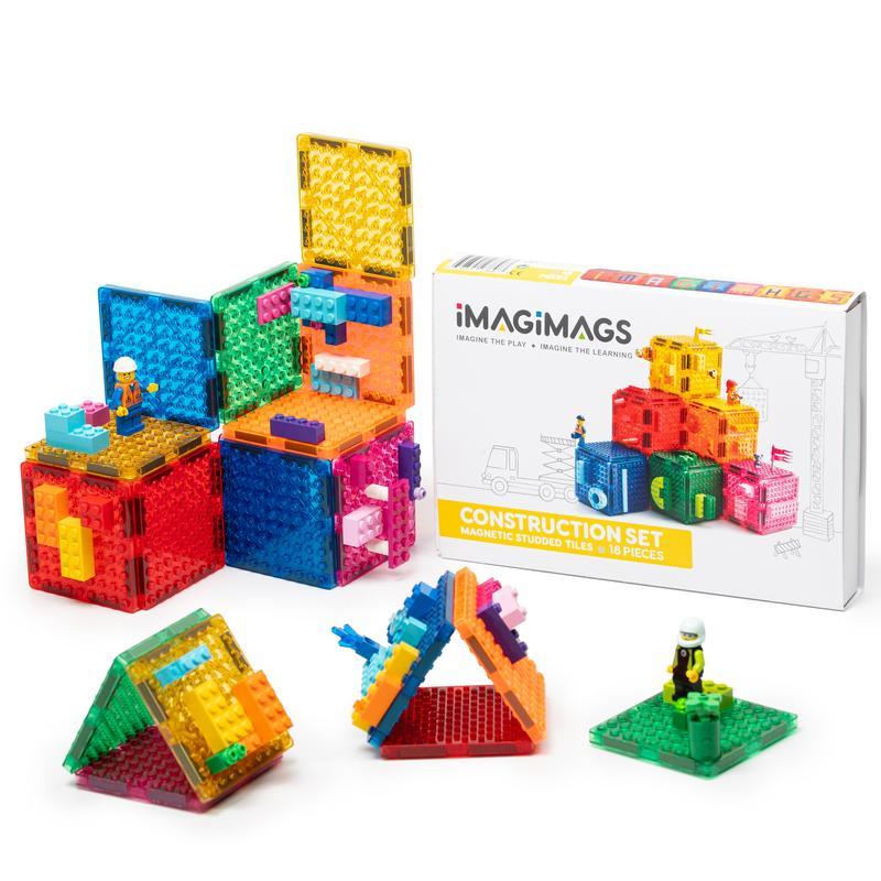 Imagimags 18 piece Construction Magnetic Building Tiles Set - Timeless Toys