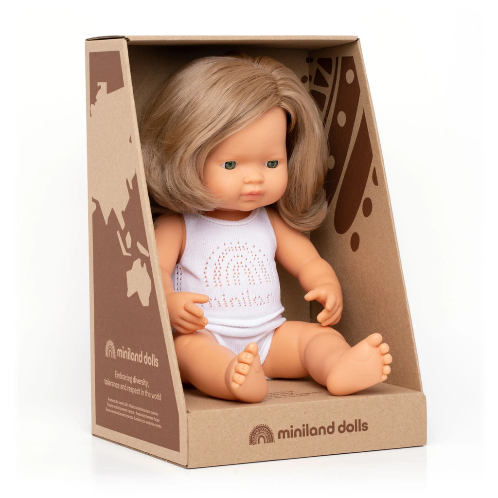 Miniland Caucasian Dark Blonde Girl Doll - 38cm - Timeless Toys