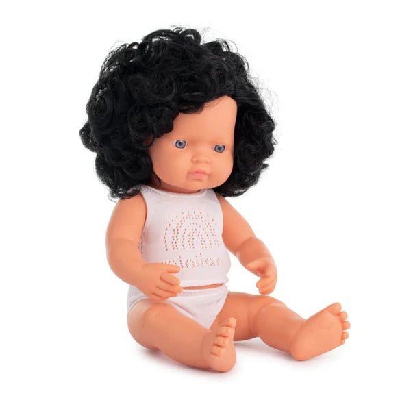 Miniland Caucasian Girl Doll with Black Curly Hair - 38cm - Timeless Toys