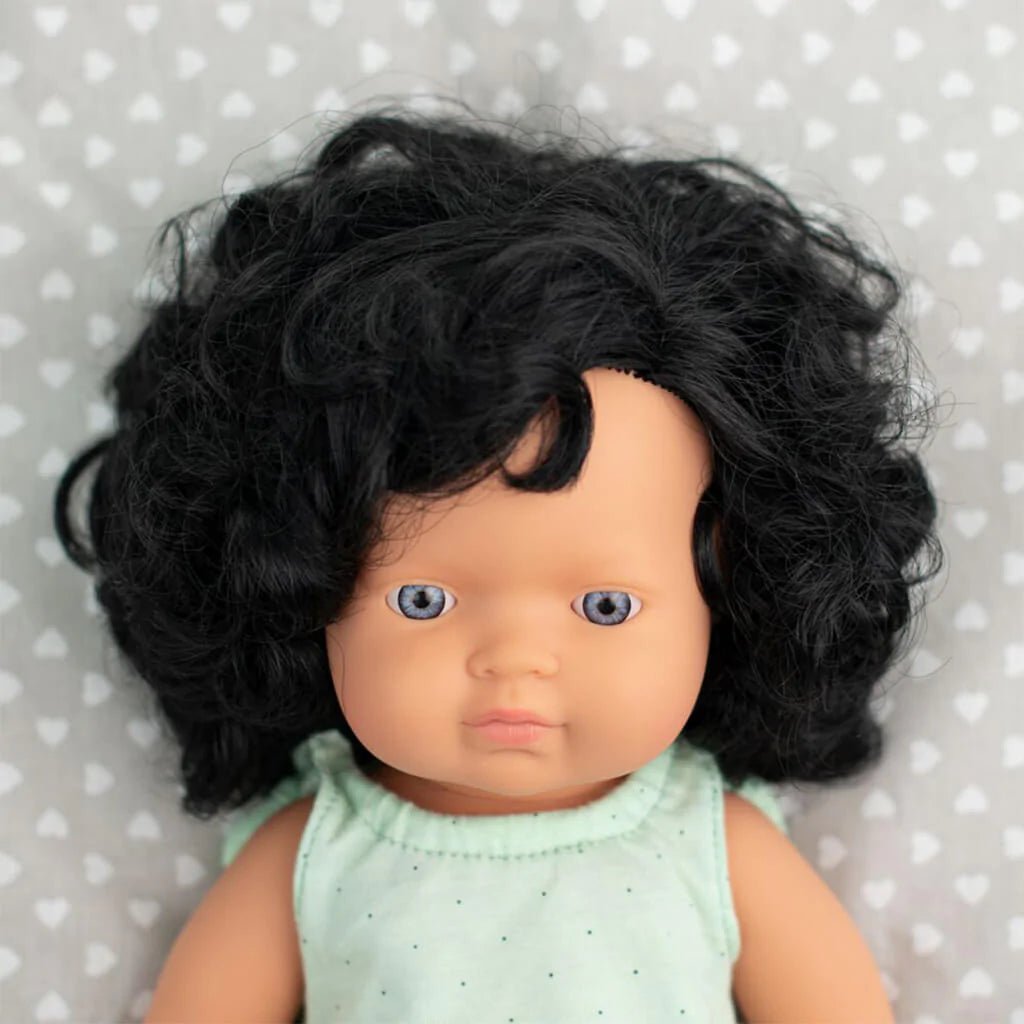 Miniland Caucasian Girl Doll with Black Curly Hair - 38cm - Timeless Toys
