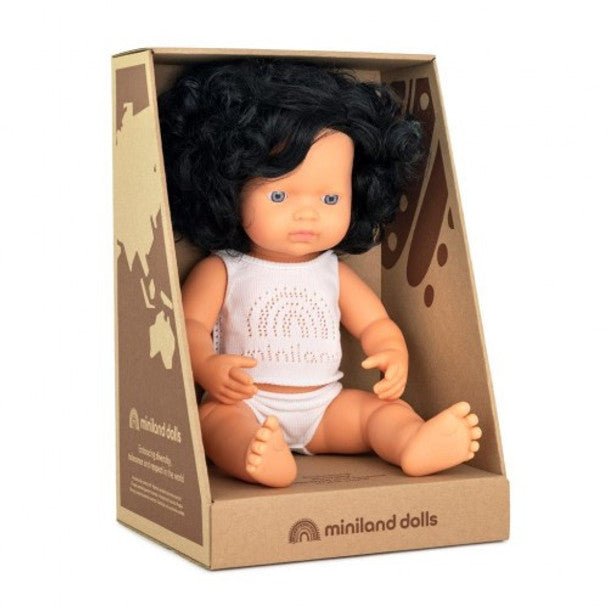 Miniland Caucasian Girl Doll with Black Curly Hair - 38cm - Timeless Toys