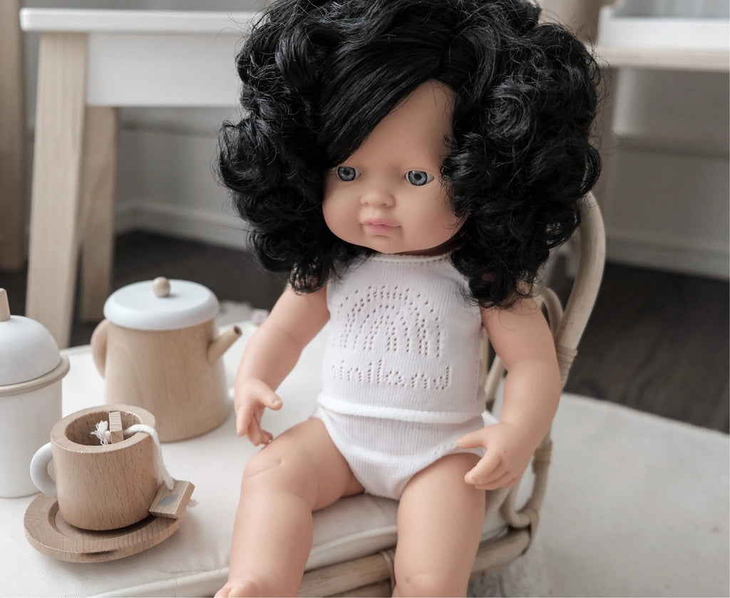 Miniland Caucasian Girl Doll with Black Curly Hair - 38cm - Timeless Toys