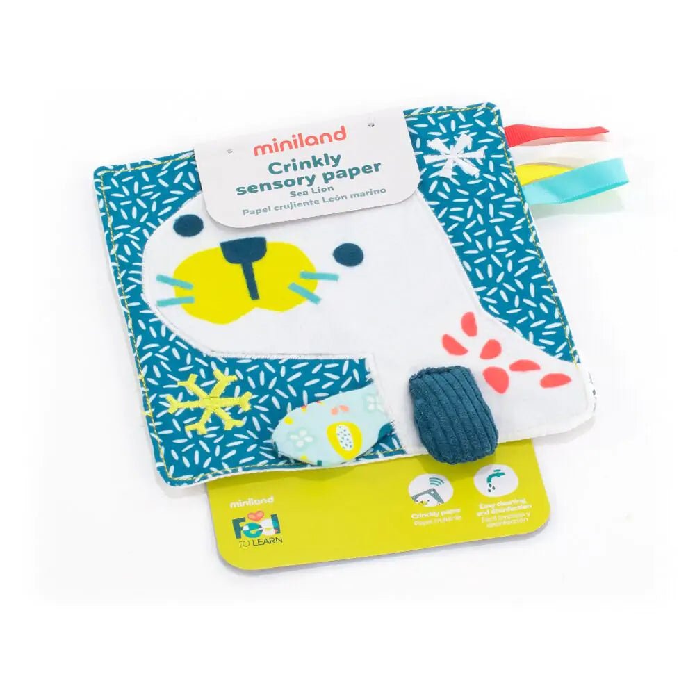 Miniland Crinkly Sensory Cloth page - Sea Lion (0 - 6months) - Timeless Toys