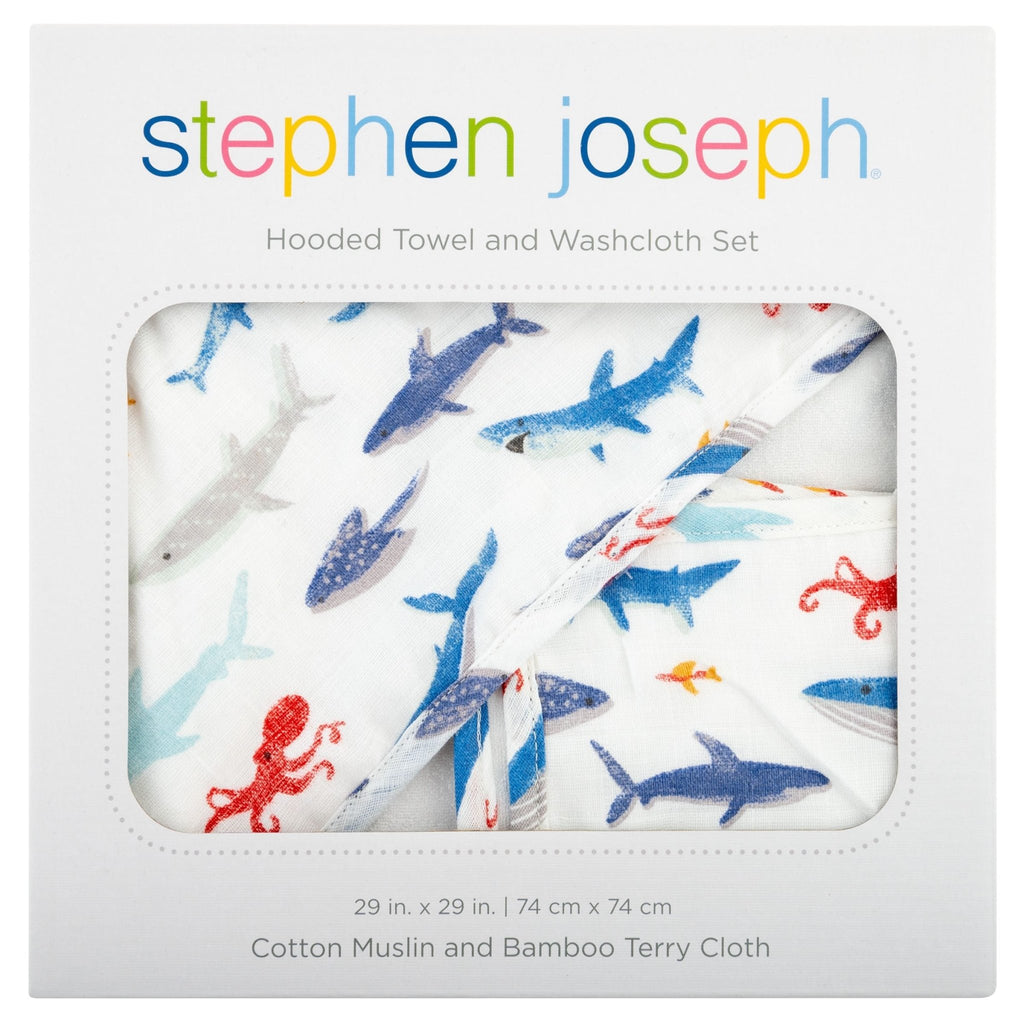 Shark Muslin Hooded Towel with Washcloth by Stephen Joseph - Timeless Toys