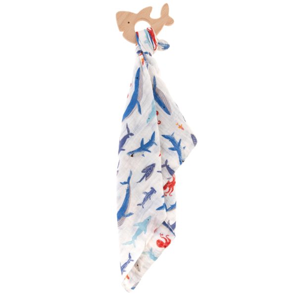 Shark Muslin Soother and Beech Wood Teether by Stephen Joseph - Timeless Toys