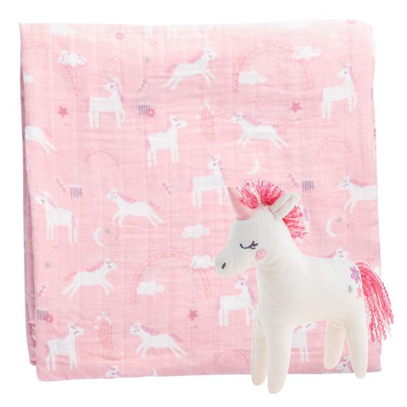 Unicorn Muslin Blanket and Stuffed Animal Set by Stephen Joseph - Timeless Toys