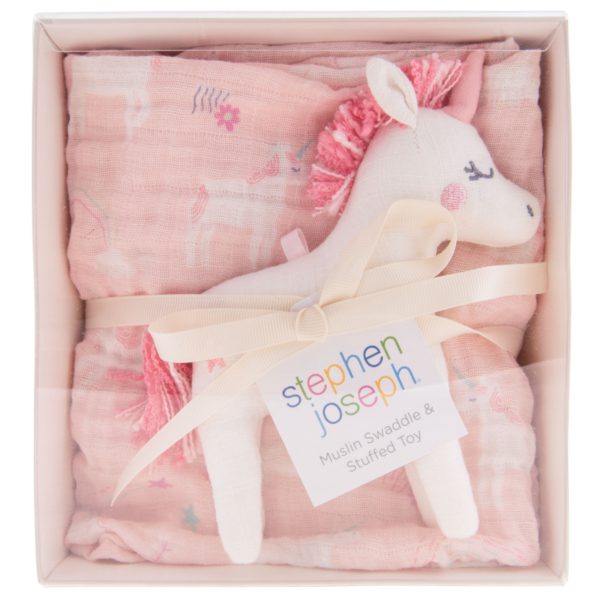 Unicorn Muslin Blanket and Stuffed Animal Set by Stephen Joseph - Timeless Toys