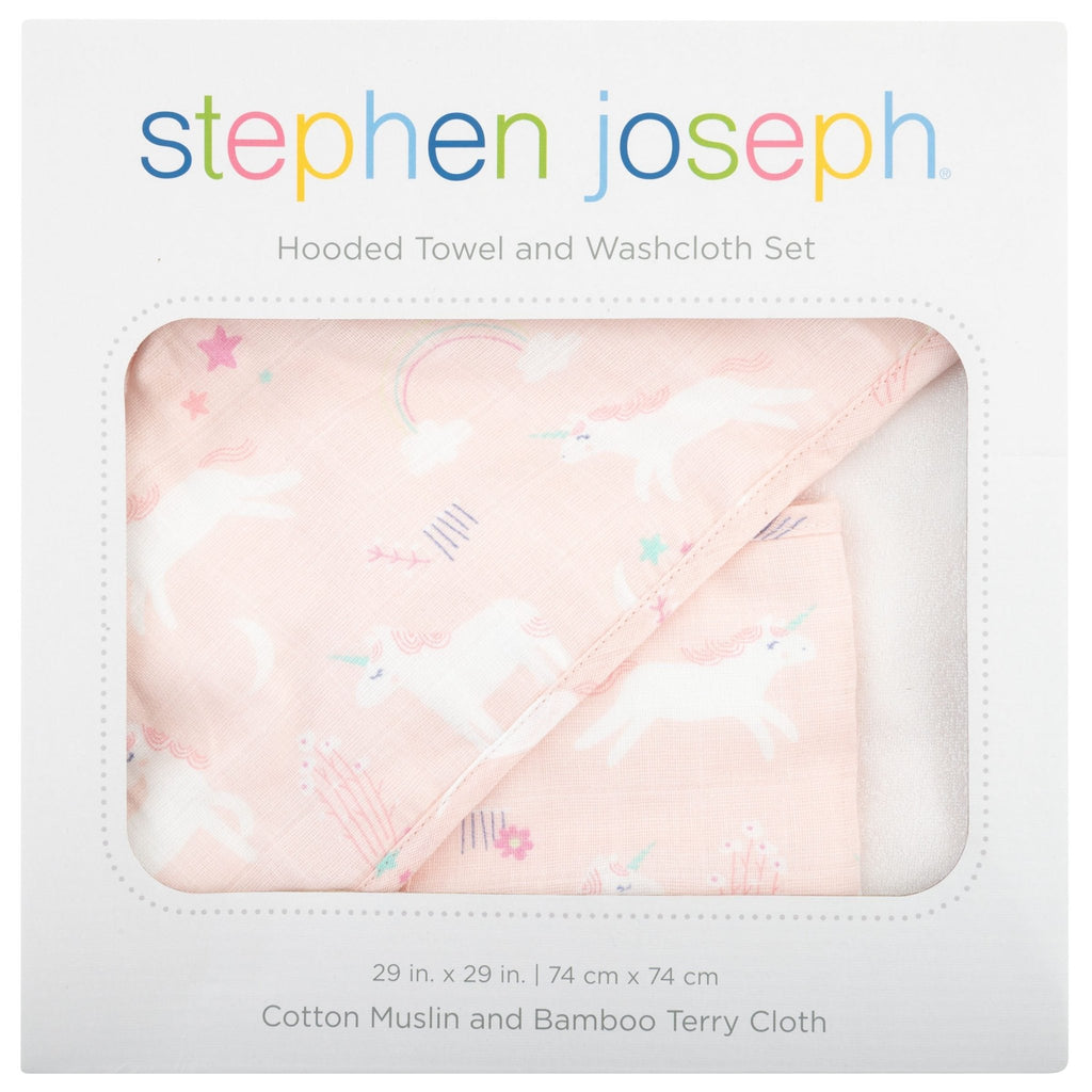 Unicorn Muslin Hooded Towel with Washcloth by Stephen Joseph - Timeless Toys