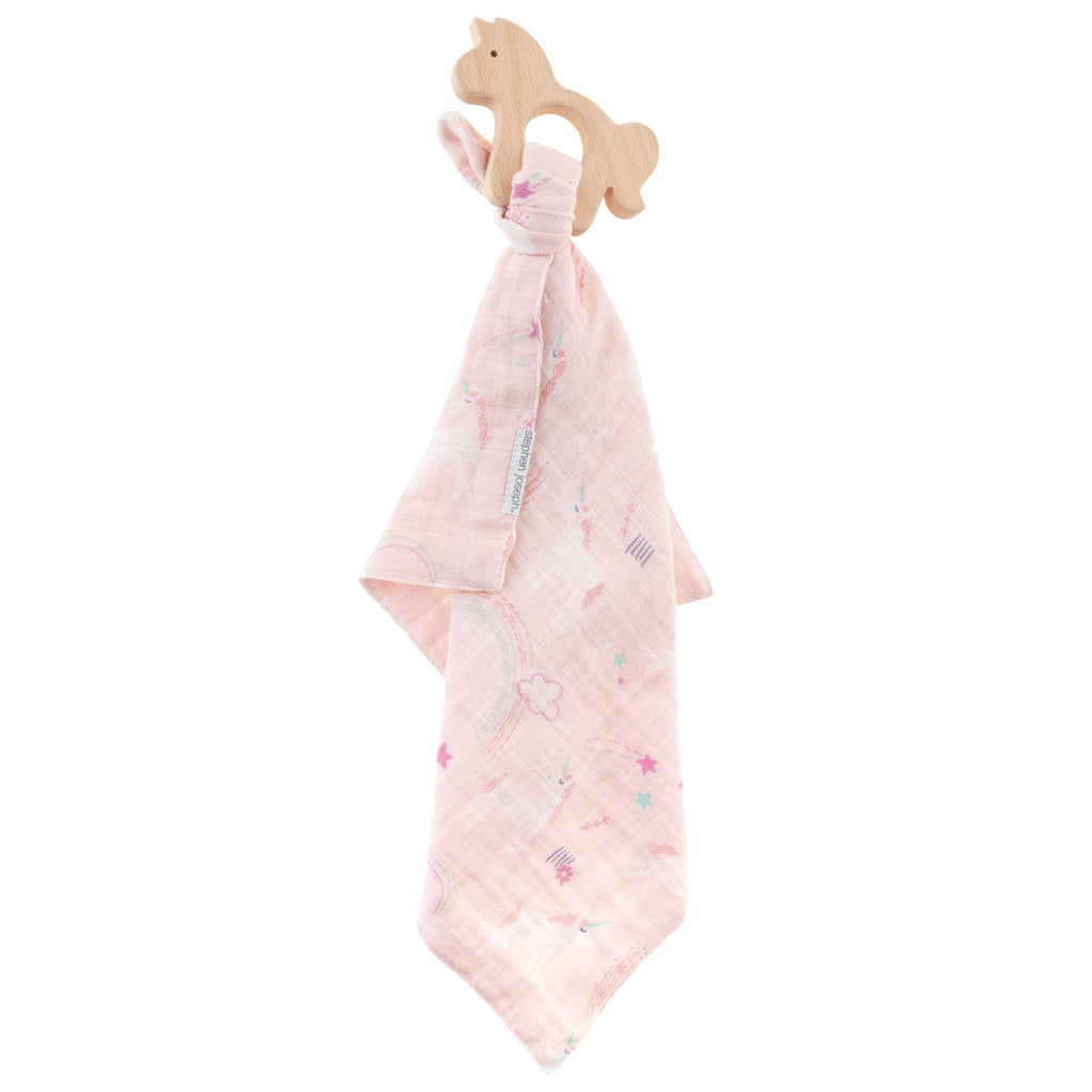 Unicorn Muslin Soother and Beech Wood Teether by Stephen Joseph - Timeless Toys